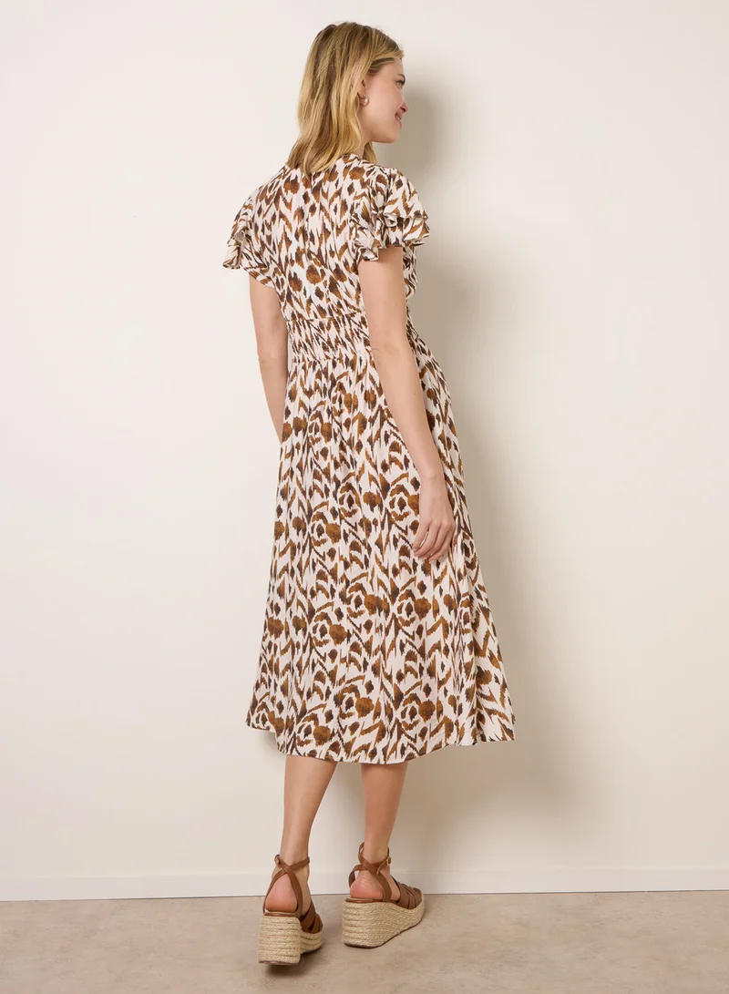 بلو فانيلا Printed V Neck Frill Sleeve Midi Dress